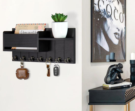 Schlüsselhalter Wandhalterung – Dekorativer Schlüsselhalter und Post-Organizer mit 7 Schlüsselhaken – Holz-Schlüsselaufhänger mit Ablage für Wohnzimmer-Dekor – Rustikales Bauernhaus,