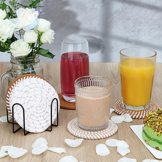 Untersetzer für Getränke, Untersetzer, 4er-Set, farbig, 8-teiliges Untersetzer-Set, Boho-Untersetzer mit Halter, Couchtischdekoration, Wohnzimmerdekoration, Küchentischdekoration