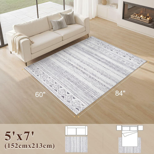 Großer Wohnzimmerteppich, 12,7 x 17,8 cm: weich, maschinenwaschbar, Boho, marokkanischer Bauernhaus-Teppich für Schlafzimmer, unter dem Esstisch, rutschfest, neutral, modern, für den Innenbereich,